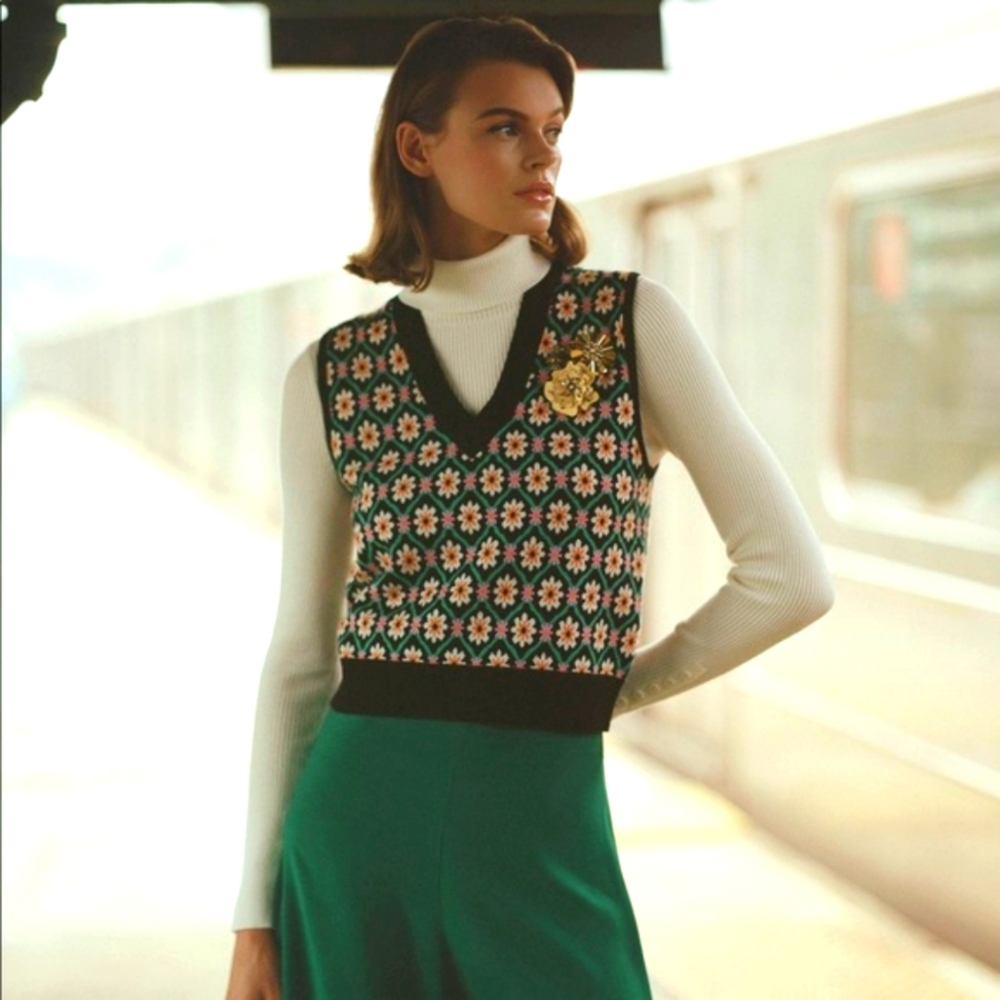 Anthropologie Maeve Jacquard Sweater Vest, Floral, Medium